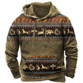 Detail of men's brown hoodie featuring ethnic tribal patterns and animal silhouette prints - S / Vintage Brown Tribal Animal Print Style (HD-WY221)