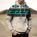 Detail of men's plus size hoodie with Aztec geometric print and horse silhouette pattern - S / Beige Aztec Horse Print Style (HD-WY222)