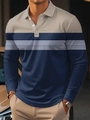 Detailed view of long sleeve polo shirt featuring khaki and navy color block and stripes - S / Tops / Khaki Navy Patchwork Stripe (HD-CXPL116-Khaki Navy)
