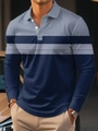 Detail of color-block long sleeve polo shirt with white stripes and three-button collar - S / Tops / Light Gray Navy Patchwork Stripe (HD-CXPL116-Gray Navy)