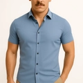 Mens slim fit short sleeve button down shirt in slate blue with classic pointed collar - S / Top (HD-DS03) / Blue