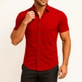 Close-up of vibrant red short-sleeved shirt with black buttons and spread collar - S / Top (HD-DS03) / Red