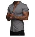 Close-up of slim fit grey short-sleeved shirt with classic collar and textured fabric - S / Top (HD-DS04) / Gray