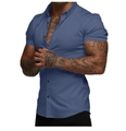Detail of slim fit men's short sleeve shirt in grey blue with classic collar and black buttons - S / Top (HD-DS04) / Dark Blue