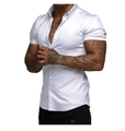 Detailed view of white short-sleeved slim-fit men's shirt with classic turn-down collar - S / Tops / White