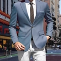 Detail of light blue single-button suit jacket with notch lapel and striped tie - 3XL / Single Breasted One Button Twill / Light Blue