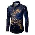 Dettaglio di una camicia blu a maniche lunghe con stampa a renna stellata e bottoni bianchi - S / Top - Stile Alce Dorato Cielo Stellato Blu Profondo (SDCS11)