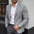 Detail of grey slim-fit blazer showing fine twill fabric and two-button closure - S / Single Breasted Two Buttons Twill / Gray