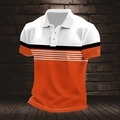Slim fit men's polo shirt with white black and orange striped color block design - S / Tops / Orange
