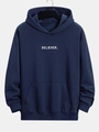 Detail of navy blue hoodie featuring minimalist white BELIEVER letter print and pocket - 6XL / Navy Blue (BELIEVER. Print)