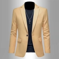 Detail of light khaki blazer with notched lapel, single button, and classic flap pockets - S / Single Breasted Single Button Casual / Khaki