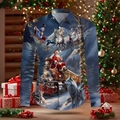 Dettaglio della stampa 3D con Babbo Natale su treno a vapore e lupo sulla camicia casual - S / Tops / Stampa Treno di Natale Renna Blu Profondo (SDCS24)