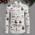 Dettaglio camicia natalizia da uomo slim fit con stampe festive di alberi e palle - S / Top - Stile natalizio con stampa all-over bianco, rosso e verde (SDCS28)