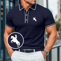 Navy blue slim fit men's polo shirt with contrast stripes and horse embroidery - S / Tops / Navy Blue (HD-PL90)
