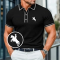 Slim fit black men's polo shirt with ribbed striped collar and equestrian embroidery - S / Tops / Black (HD-PL90)