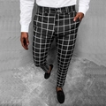 Men's slim fit plaid trousers in black and white check pattern for casual wear - S / Black White Large Plaid (XFK01)