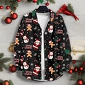 Dettaglio della camicia a maniche lunghe con stampe digitali vivaci di Babbo Natale e pupazzo - S / Tops / Stampa Integrale Natalizia Nera (SDCS33)
