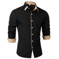Herren Slim Fit Business-Hemd in Schwarz mit khakifarbener Kontrast-Borte an Kragen - S / Schwarz