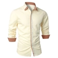 Detail of slim-fit shirt collar and button placket with brown contrast stitching - S / Khaki