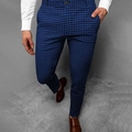 Detail of men's slim fit trousers featuring a blue and black micro-plaid pattern weave - S / Blue Black Micro Plaid (XFK12)