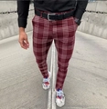 Detail of burgundy plaid trousers showing slim fit design and checkered pattern texture - S / Burgundy Large Plaid (XFK15)