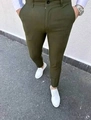 Detail view of men's slim fit plaid trousers in olive green paired with casual shoes - S / Olive Green (XFK17)