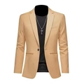 Slim fit men's striped plaid blazer jacket in beige featuring single breasted button design - S / Khaki