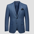 Slim fit men's single-breasted blazer in blue fabric with subtle linen texture - S / Single Breasted Two Buttons With Polka Dot Pocket Square / Blue Textured Style (XF018)
