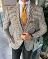 Detail of slim fit plaid blazer featuring orange and grey wool texture with elegant lapel pin - 3XL / Tops / Orange and Grey Fine Check Style (XF17)