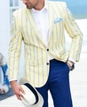 Detail of light yellow striped blazer with two-button closure and blue pocket square - 3XL / Tops / Pale Yellow and White Striped (XF19)