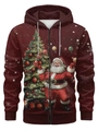 Detailweergave van de feestelijke digitale print met Kerstman en kerstboom op de hoodie - M / Rits Donkerrood (SDWY01)