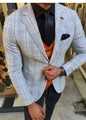 Detail of light blue windowpane plaid suit jacket with orange vest and tie - 3XL / Tops / Light Blue Windowpane (XF25)