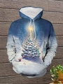 Détail de l'imprimé sapin de Noël et de la poche kangourou sur sweat à capuche bleu - M / Bleu Nuit d'Hiver (SDWY02)