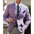 Detail of light purple plaid suit blazer with notch lapel and green paisley tie - 3XL / Tops / Bright Purple Dark Check (XF27)