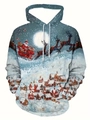 Détail d'un sweat à capuche de Noël avec impression 3D du Père Noël et village enneigé - M / Ville Bleu Foncé Complet (SDWY06)