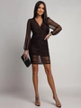Elegant V-neck black sequin mesh dress with lantern sleeves and slim-fit ruched design - S / Brown
