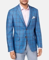 Close-up of blue windowpane check blazer with linen texture and patterned pocket square - 3XL / Tops / Blue Large Windowpane (XF34)