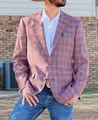 Detail of slim-fit brick red plaid blazer with fabric texture and notched lapels - 3XL / Tops / Brick Red and Blue Windowpane (XF36)
