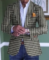Detail of men's slim fit houndstooth blazer with notch lapel and orange pocket square - 3XL / Tops / Black and White Houndstooth (XF41)