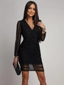 Elegant black sequin V-neck bodycon mini dress with sheer mesh long sleeves and ruching - S / Black