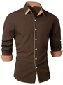 Men's business casual long sleeve shirt in coffee brown with khaki contrast stitching - S / Coffee
