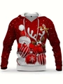 Detail van 3D-kerstprint op rode hoodie met kerstman en rendier voor de feestdagen - M / Cartoon Rood (SDWY12)