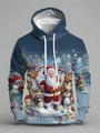 Detail van 3D kerstprint op blauwe hoodie met rendieren en de kerstman op de voorkant - M / Donkerblauwe Stad (SDWY13)