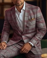 Close-up of slim fit pink and grey plaid men's blazer with a decorative gold pocket square - 3XL / Tops / Pink and Grey Check (XF48)