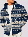Detail van kerstprints met rendieren en sneeuwvlokken op een donkerblauwe hoodie met rits - M / Noordse Stijl Donkerblauw (SDWY14)