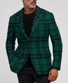 Close-up of the deep green plaid wool blend fabric texture on men's slim fit blazer - 3XL / Tops / Dark Green and Black Large Check (XF49)
