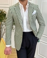 Detailed view of men's slim fit green and white gingham check blazer with metal buttons - 3XL / Tops / Green and White Fine Check (XF51)