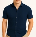 Men's navy blue short sleeve knit shirt in slim fit with textured fabric finish - S / Top (HD-DS03) / Navy Blue