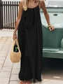 Detail of black U-neck maxi dress with delicate pleats and boho accessories for summer beach wear - S / Black