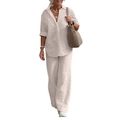 Texture détaillée du tissu en coton et lin blanc sur un ensemble décontracté pour femme - S / Haut Et Bas / Brun Clair